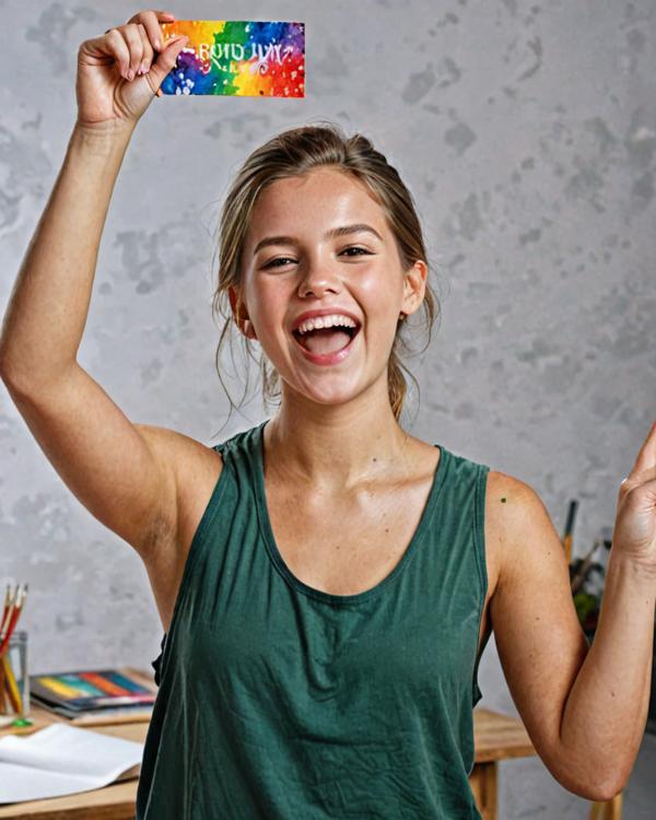 Student proudly displaying their artwork