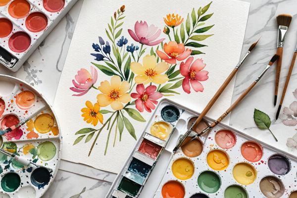 Watercolor painting supplies and artwork