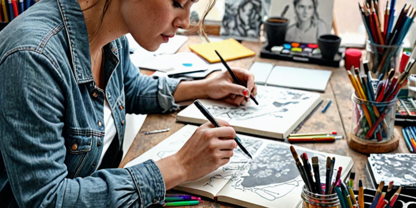 Artist sketching and writing in creative journal